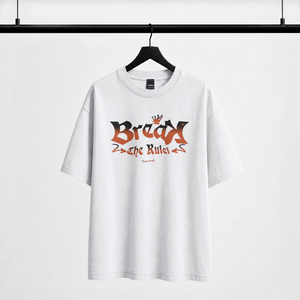 "White streetwear oversized t-shirt with Break The Rules gothic lettering"