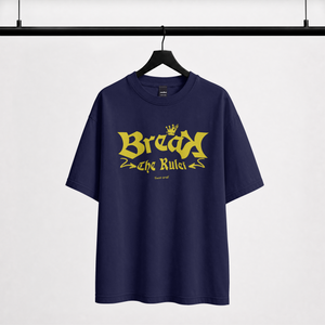 "Navy streetwear oversized t-shirt with Break The Rules gothic lettering"