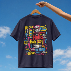 Back view of a streetwear t-shirt featuring a colorful pop art collage of Hello in different world languages like Hola Bonjour and Ciao