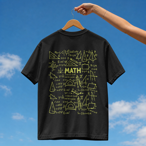 Back view of a dark streetwear t-shirt featuring a detailed white chalkboard illustration of math equations, formulas, and geometry shapes