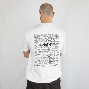 Back view of a white cotton t-shirt with a black detailed math equations formulas and geometry sketch print