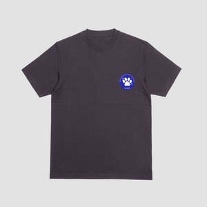 Front view of a premium cotton t-shirt with a blue circular NASA style cat paw badge printed on the chest