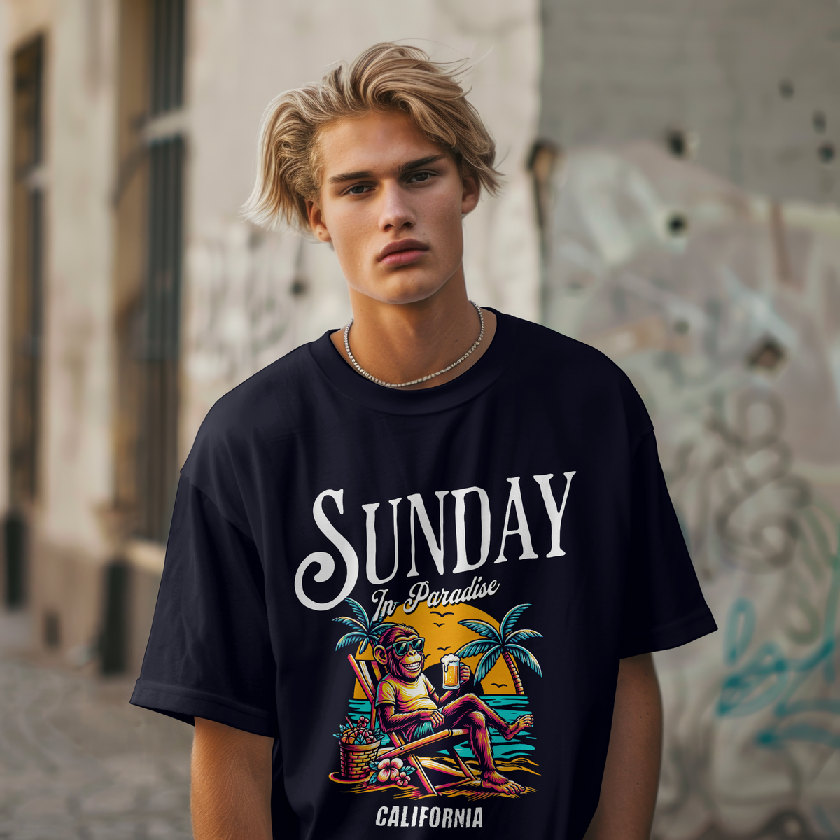 Model wearing a navy premium cotton t-shirt with a vintage white Sunday in Paradise slogan and a colorful chilling beach monkey illustration