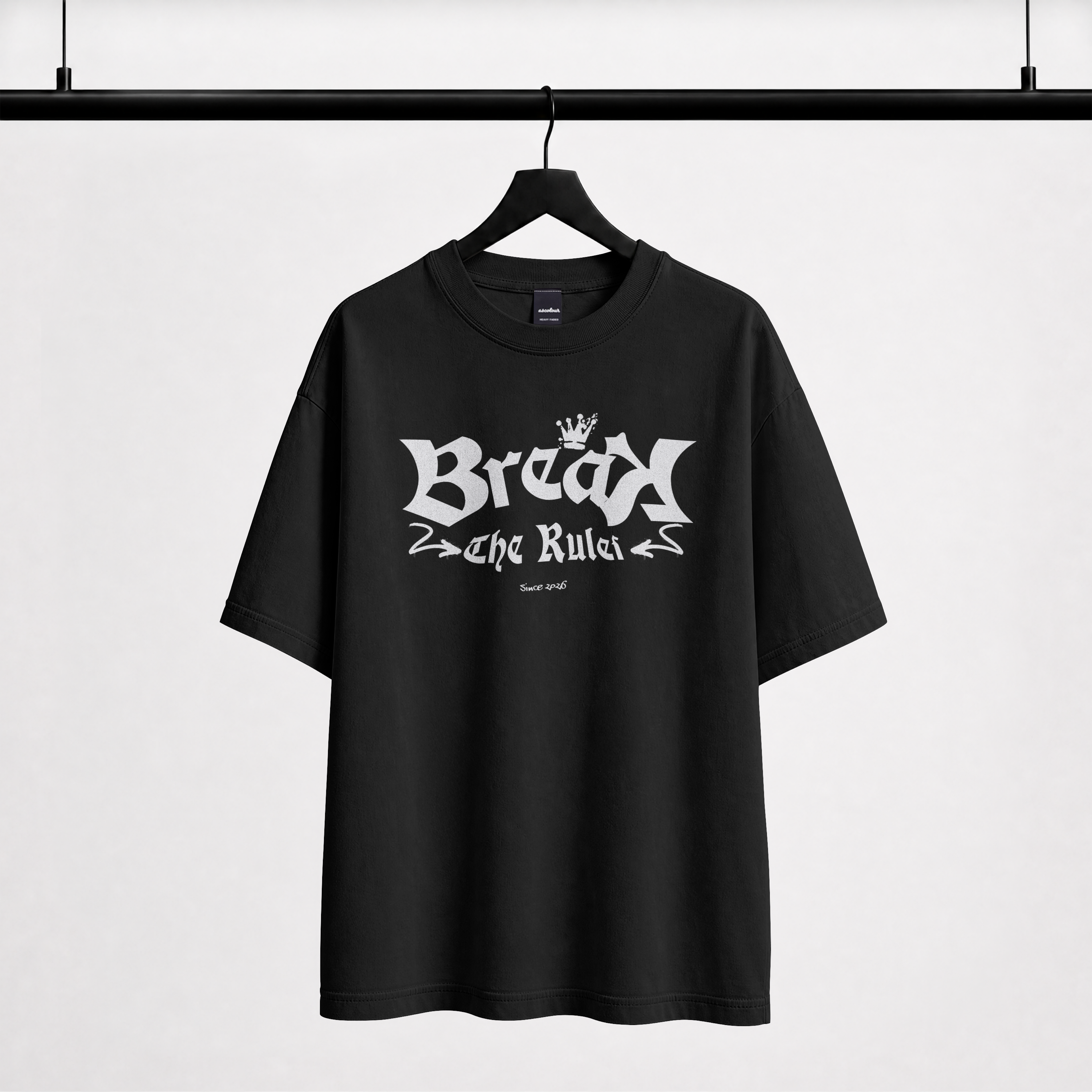 "Black streetwear oversized t-shirt with Break The Rules gothic lettering"