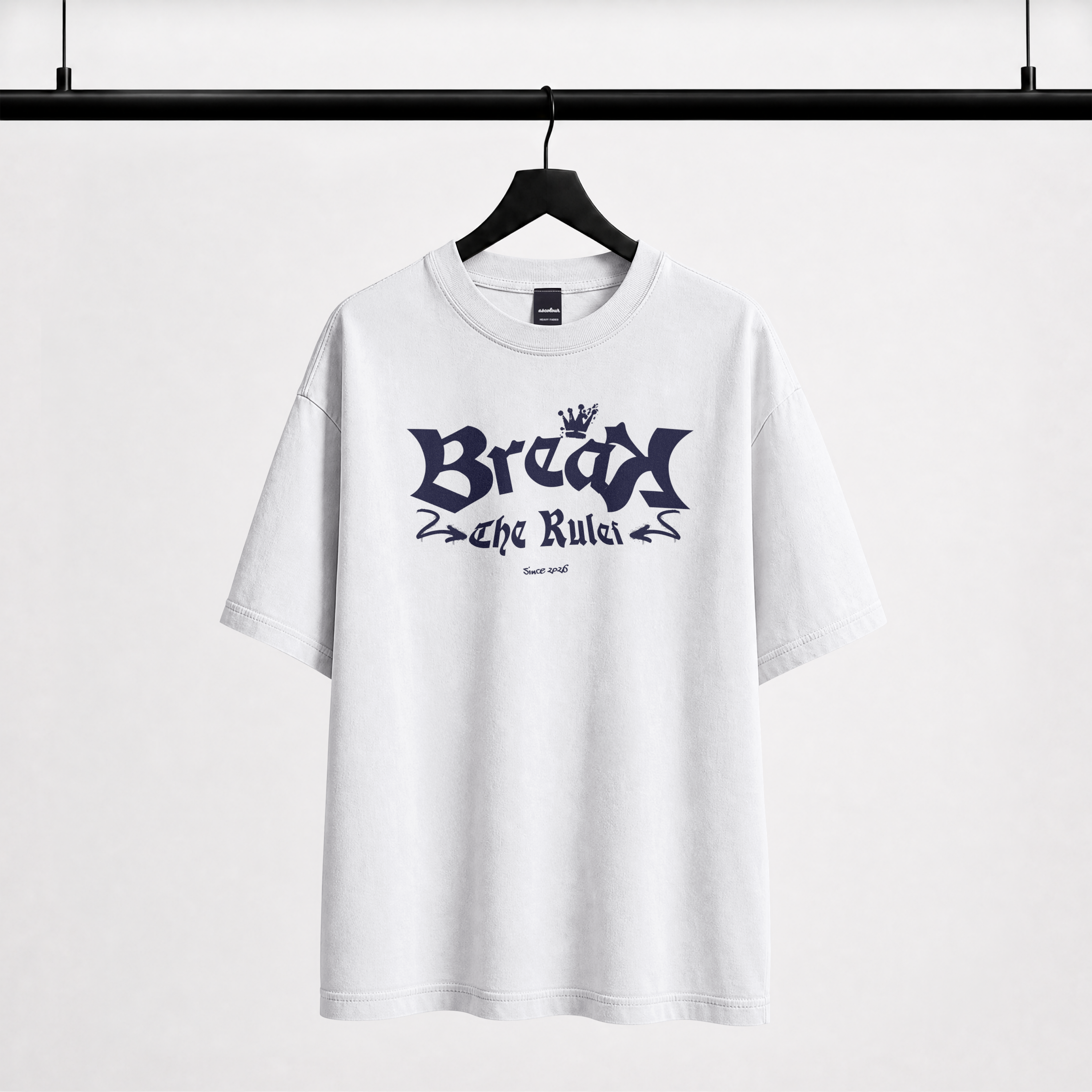 "White streetwear oversized t-shirt with Break The Rules gothic lettering"