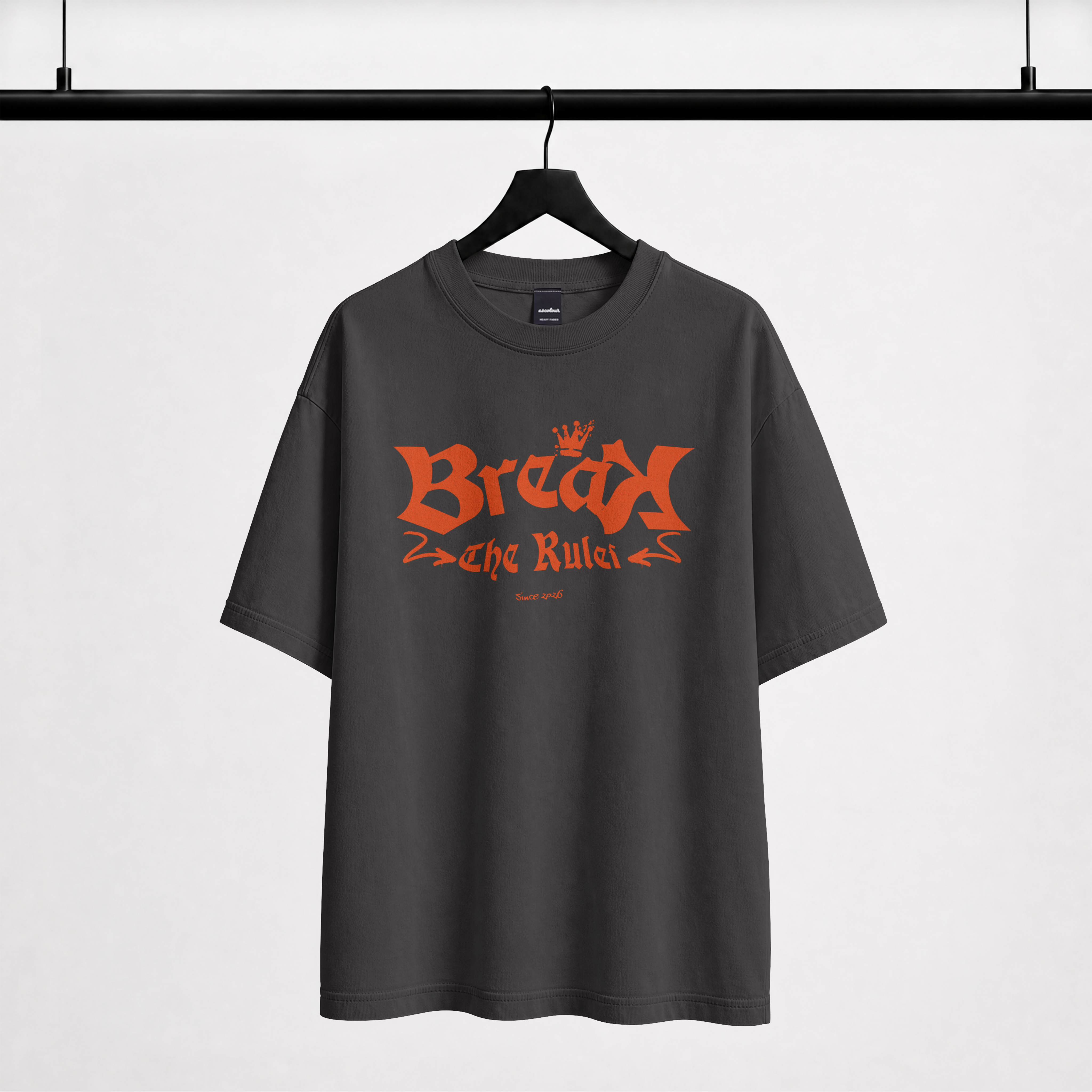 "Grey streetwear oversized t-shirt with Break The Rules gothic lettering"