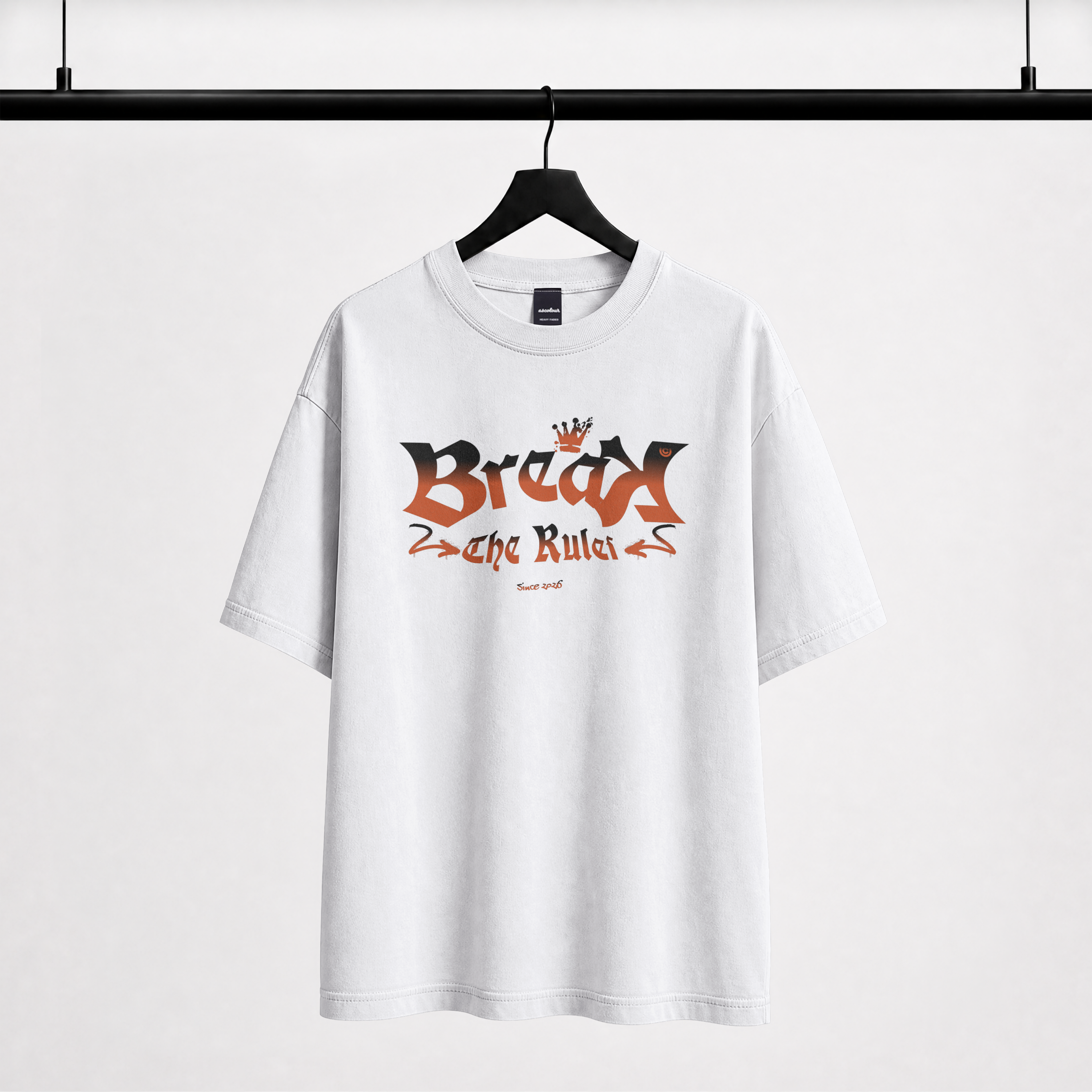 "White streetwear oversized t-shirt with Break The Rules gothic lettering"