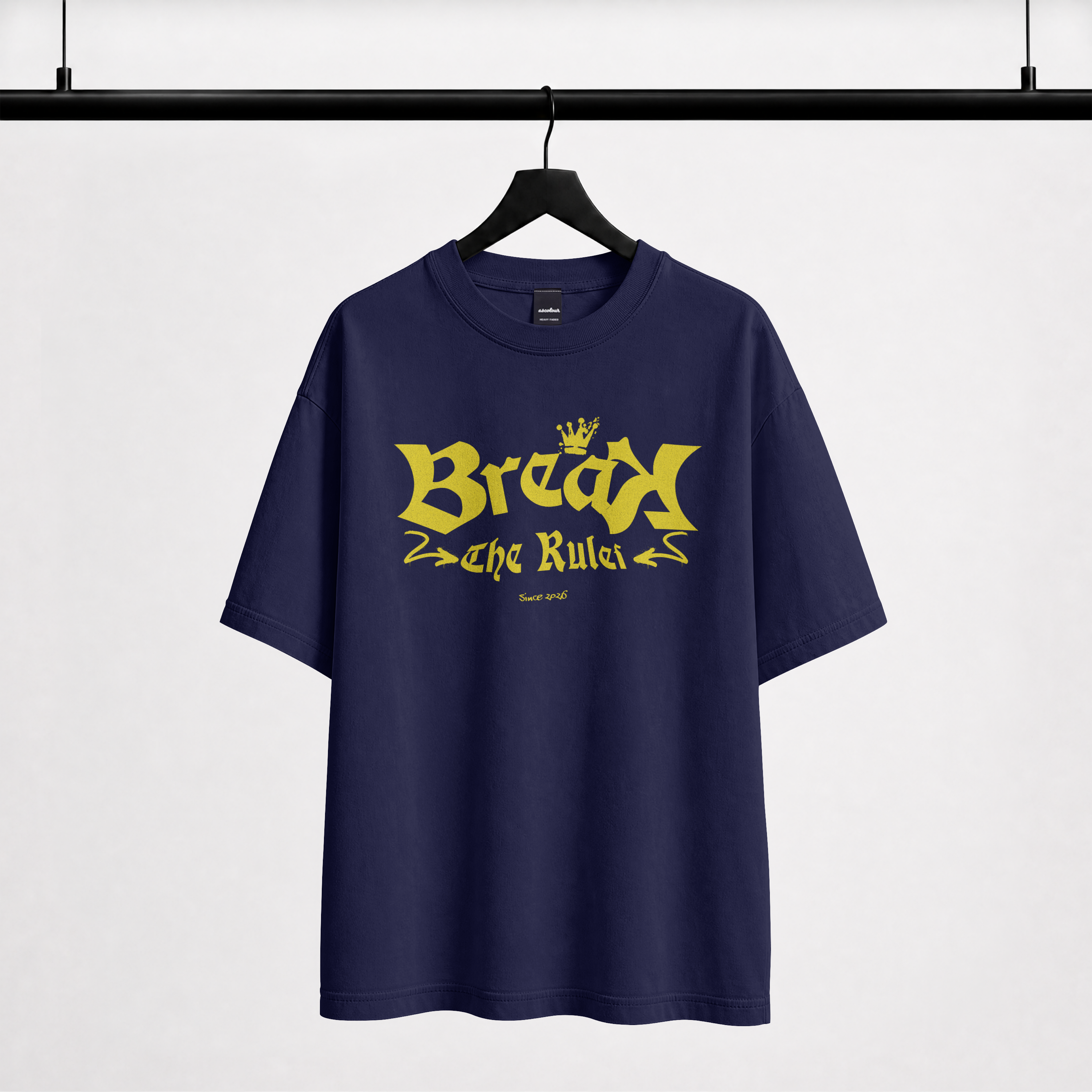 "Navy streetwear oversized t-shirt with Break The Rules gothic lettering"