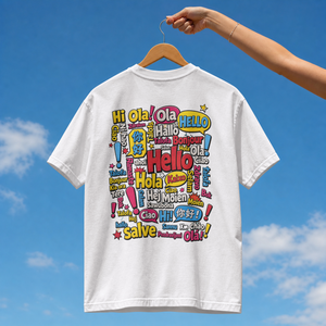 Back view of a streetwear t-shirt featuring a colorful pop art collage of Hello in different world languages like Hola Bonjour and Ciao
