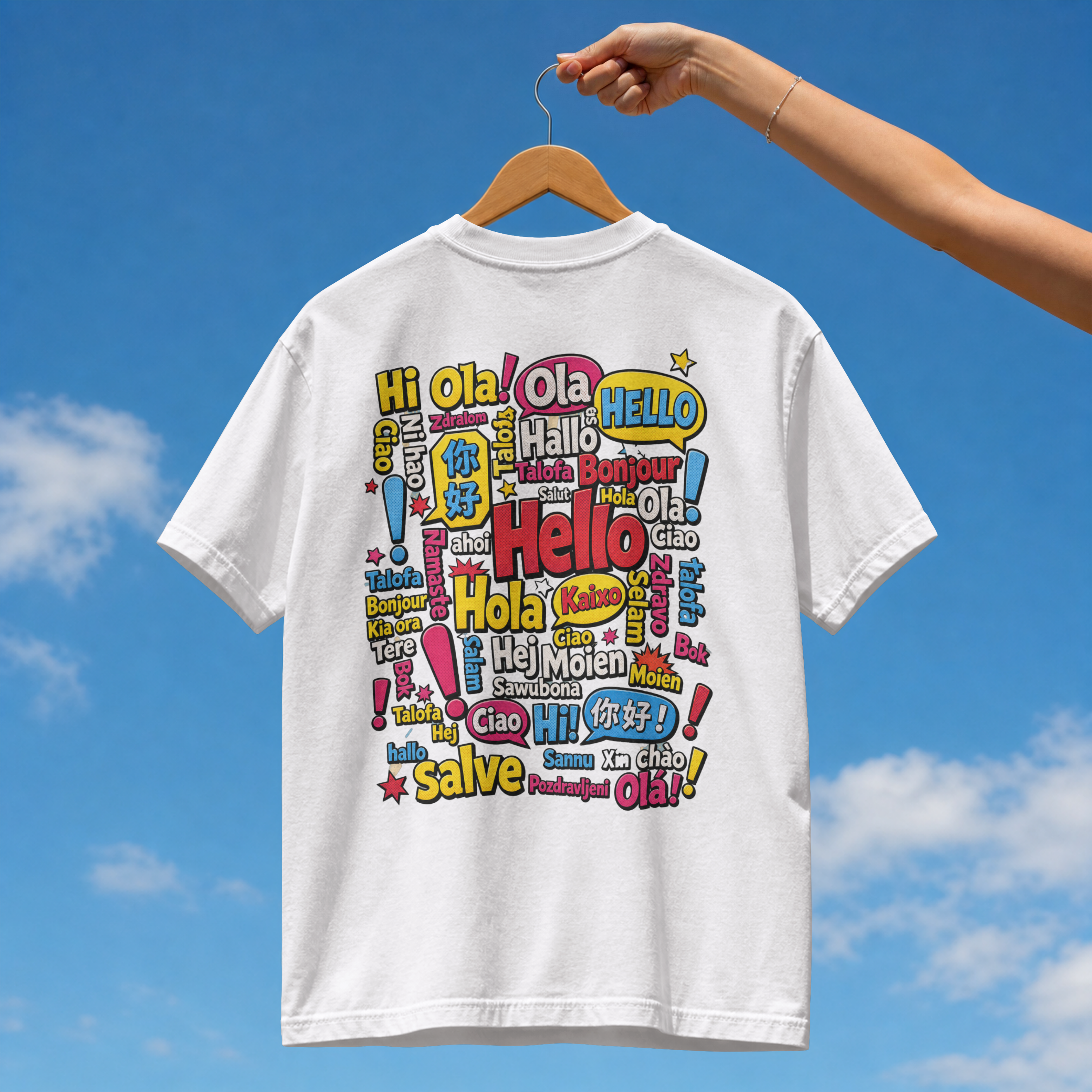 Back view of a streetwear t-shirt featuring a colorful pop art collage of Hello in different world languages like Hola Bonjour and Ciao