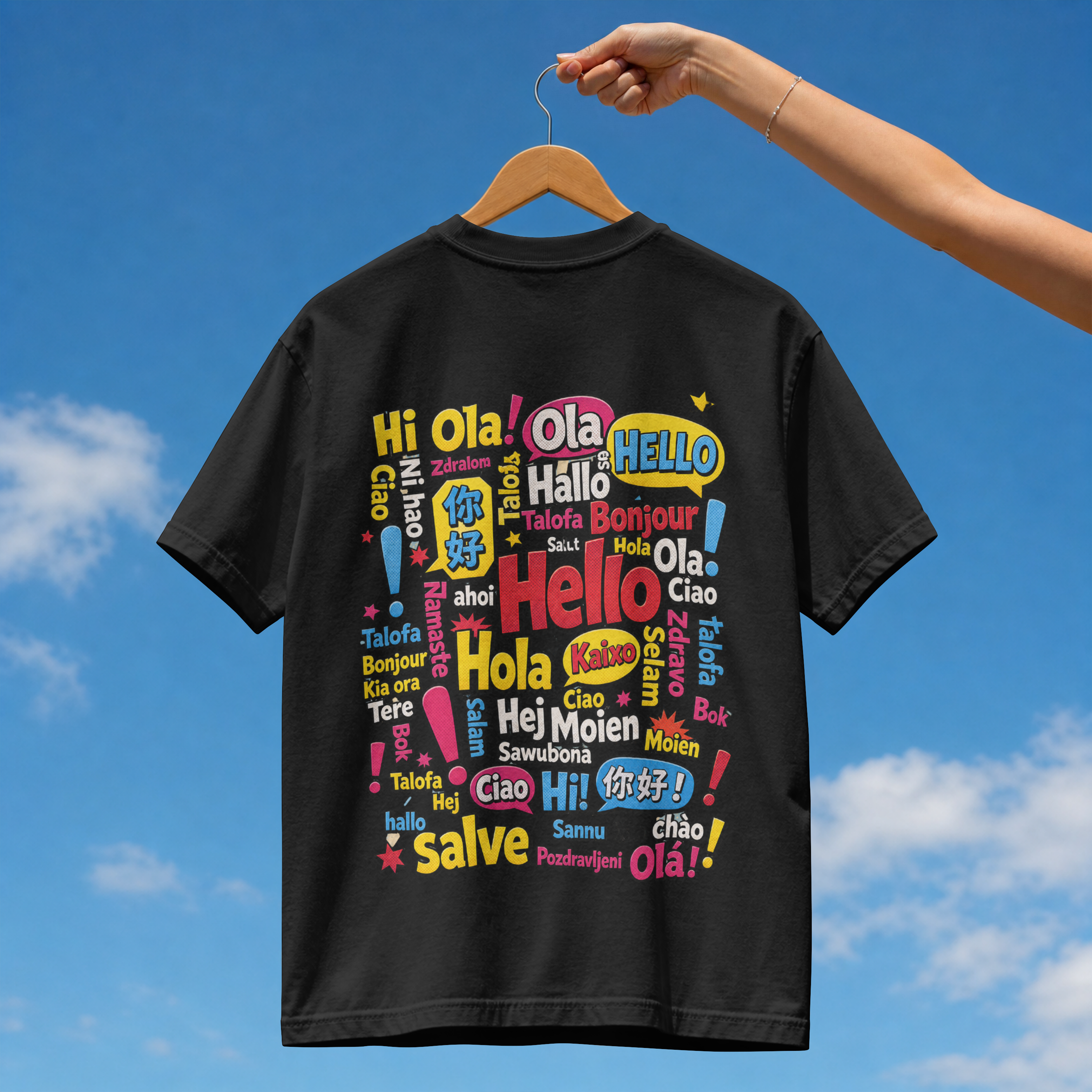 Back view of a streetwear t-shirt featuring a colorful pop art collage of Hello in different world languages like Hola Bonjour and Ciao