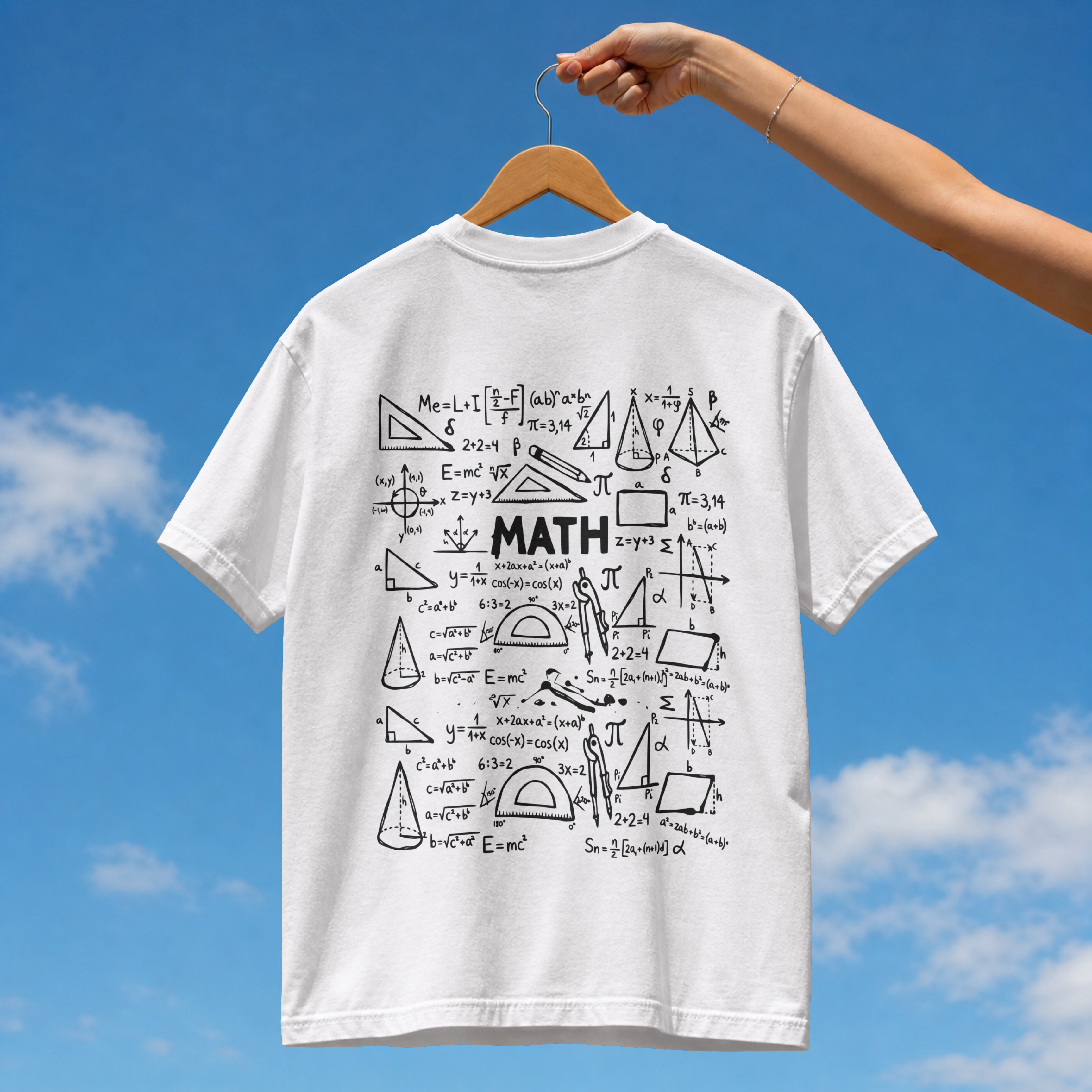 Back view of a white cotton t-shirt with a black detailed math equations formulas and geometry sketch print