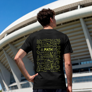 Back view of a dark streetwear t-shirt featuring a detailed white chalkboard illustration of math equations, formulas, and geometry shapes