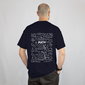 Back view of a dark streetwear t-shirt featuring a detailed white chalkboard illustration of math equations, formulas, and geometry shapes