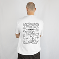 Back view of a white cotton t-shirt with a black detailed math equations formulas and geometry sketch print