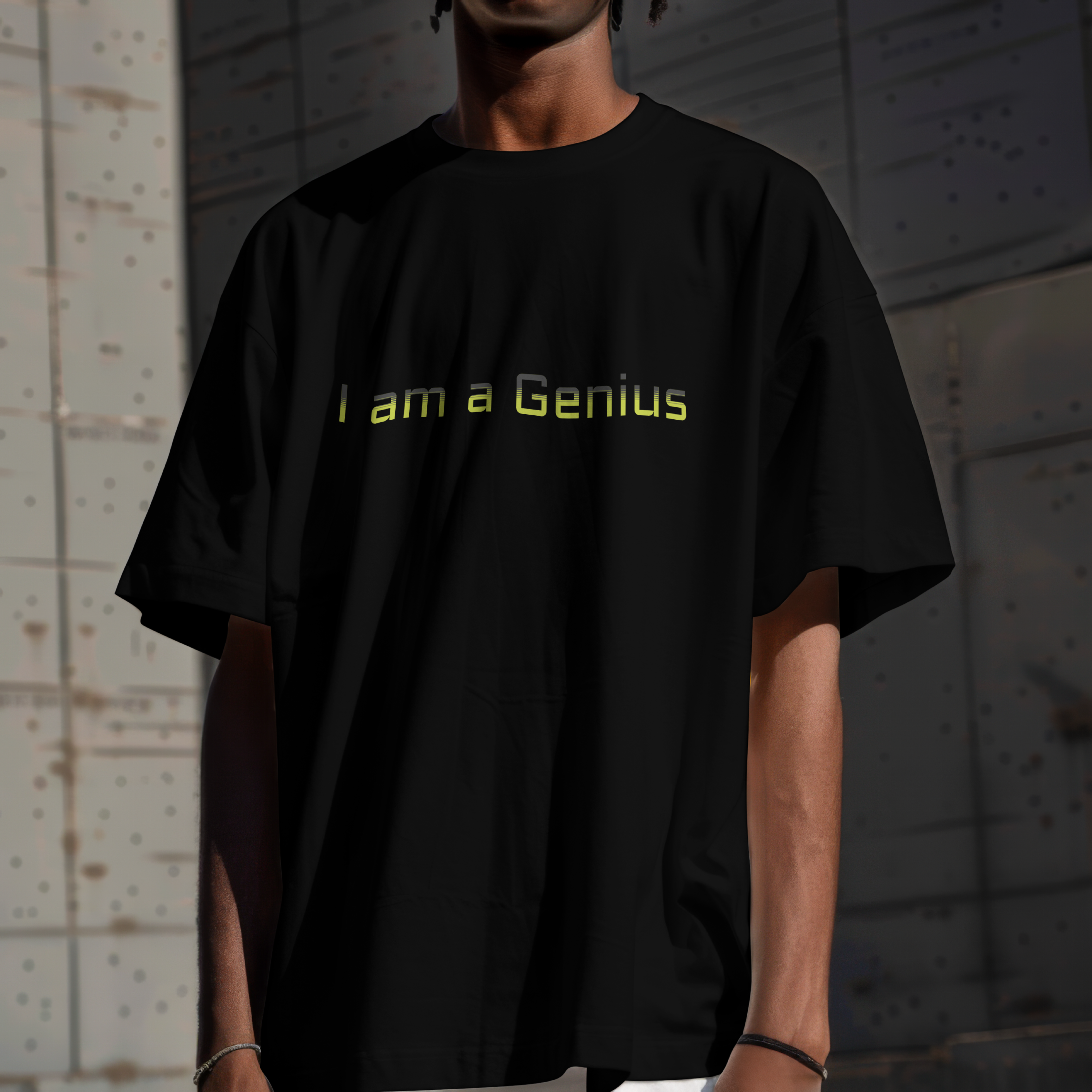 Front view of a premium cotton t-shirt with a sleek minimalist I am a Genius text print