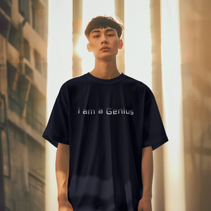 Front view of a premium cotton t-shirt with a sleek minimalist I am a Genius text print
