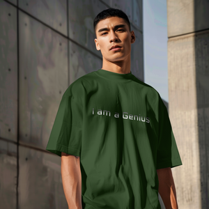 Front view of a premium cotton t-shirt with a sleek minimalist I am a Genius text print