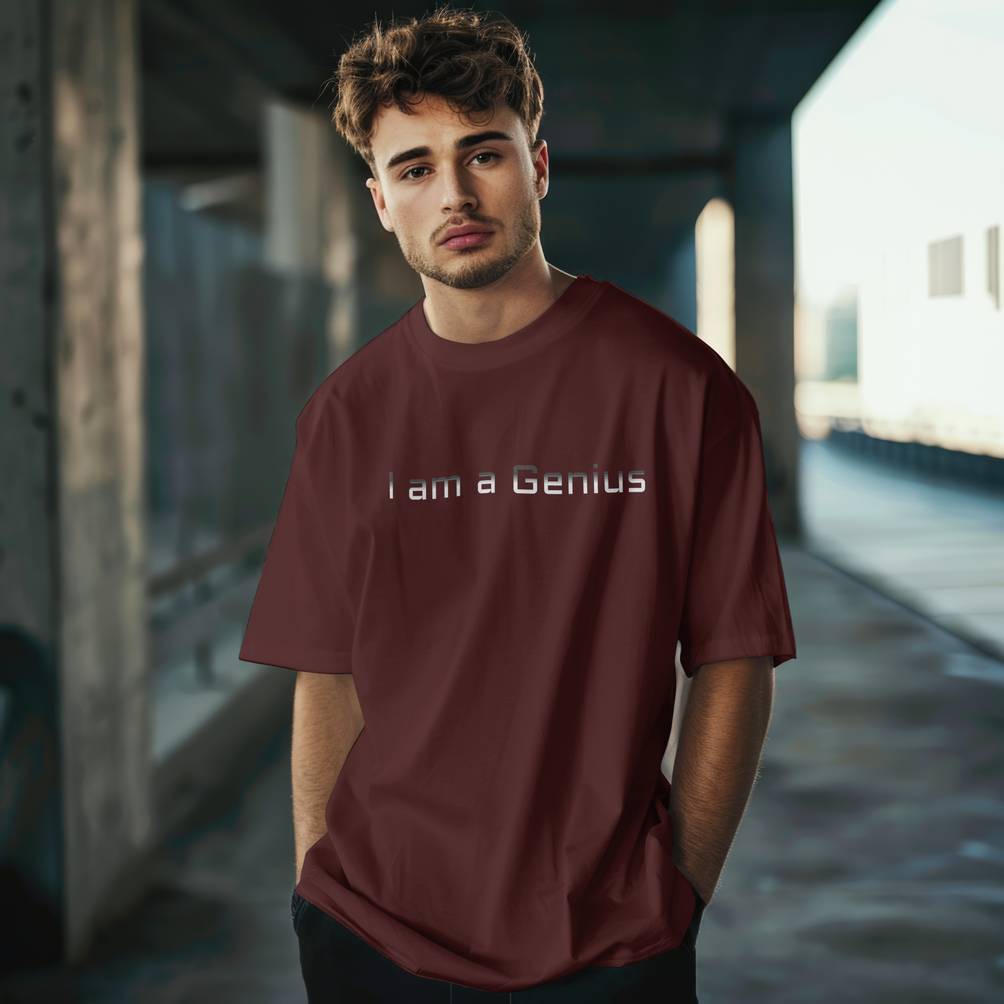 Front view of a premium cotton t-shirt with a sleek minimalist I am a Genius text print