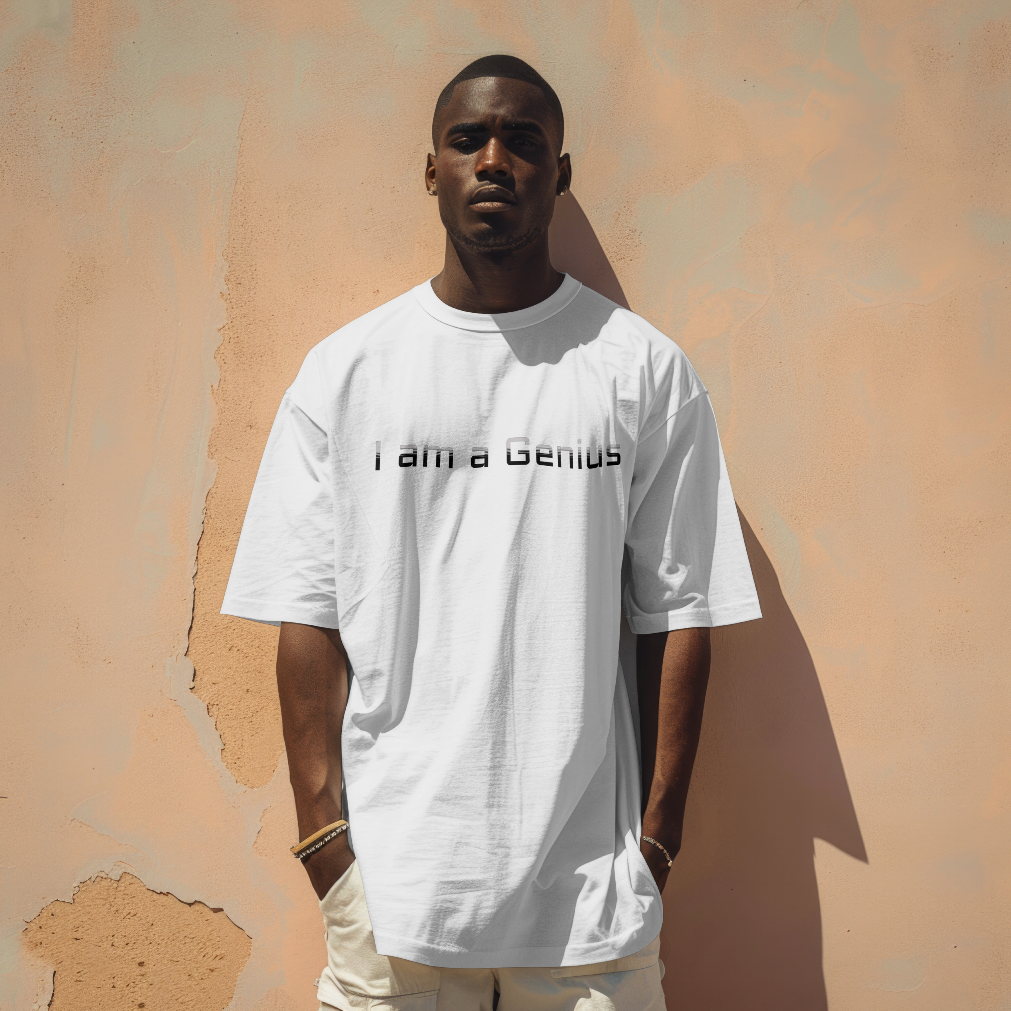 Front view of a premium cotton t-shirt with a sleek minimalist I am a Genius text print