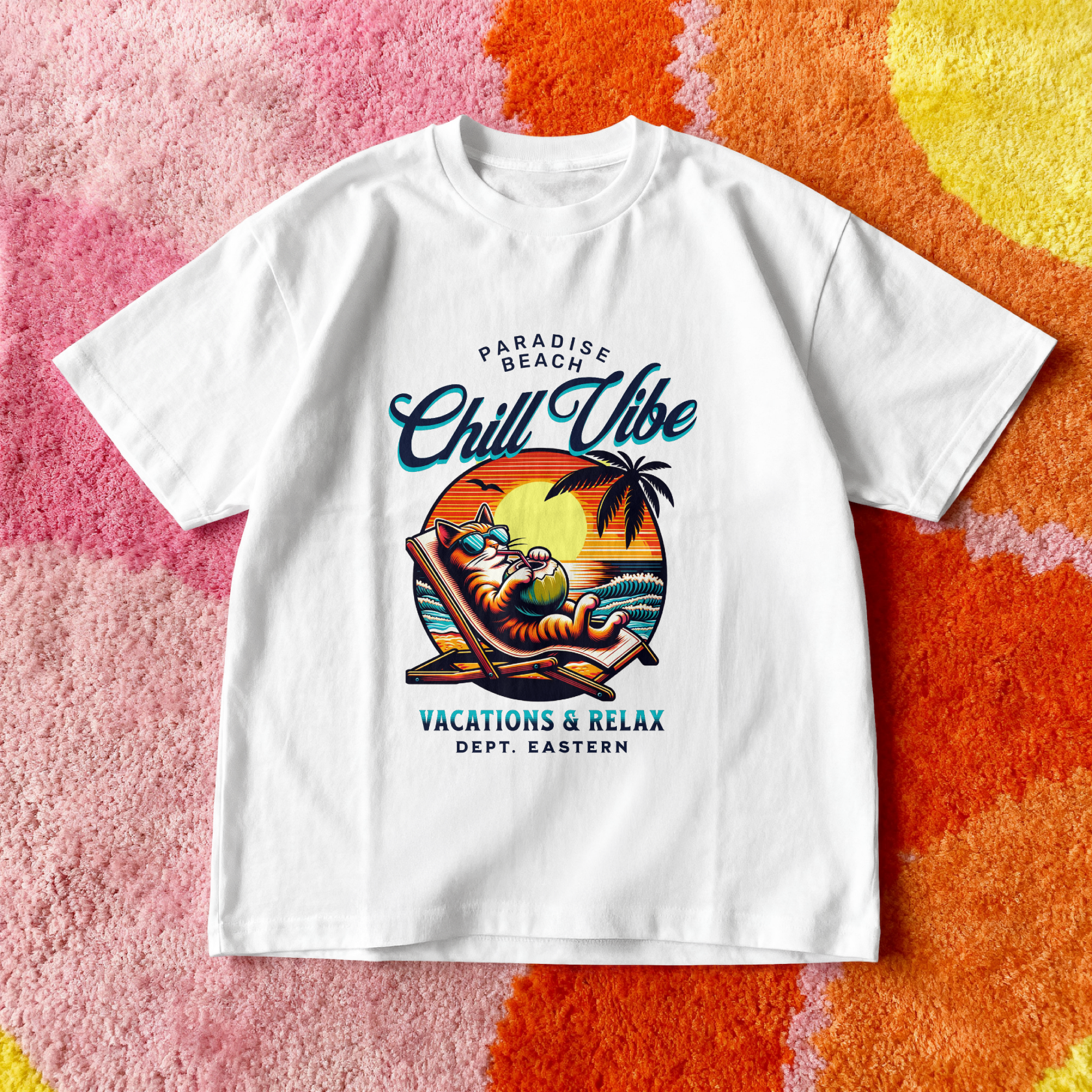 A crisp white relaxed fit streetwear t-shirt with a colorful Paradise Beach sunset and a cat sipping coconut drink