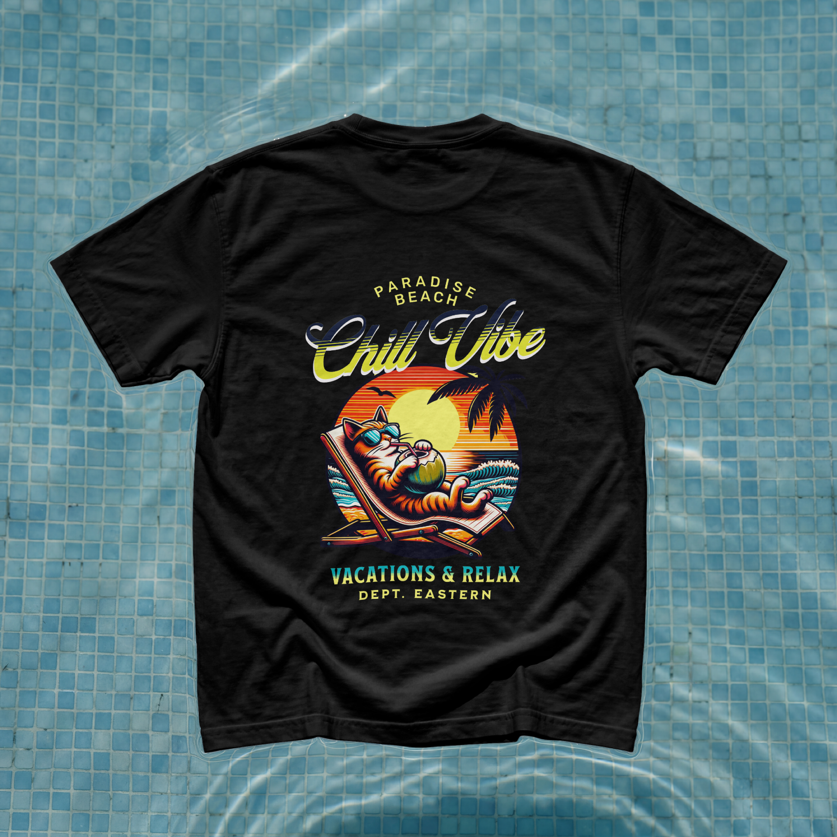 Model showing a black streetwear t-shirt featuring a retro California style vacations and relax cat graphic print