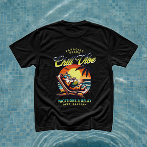 Model showing a black streetwear t-shirt featuring a retro California style vacations and relax cat graphic print