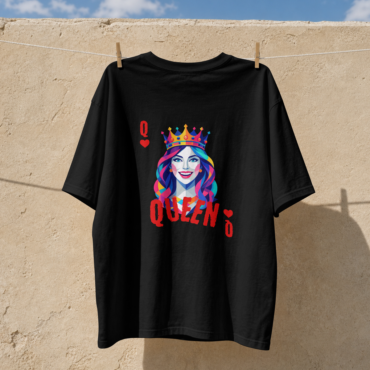 Back view of a streetwear t-shirt featuring a vibrant pop art Queen of Hearts wearing a colorful crown and Q suit details