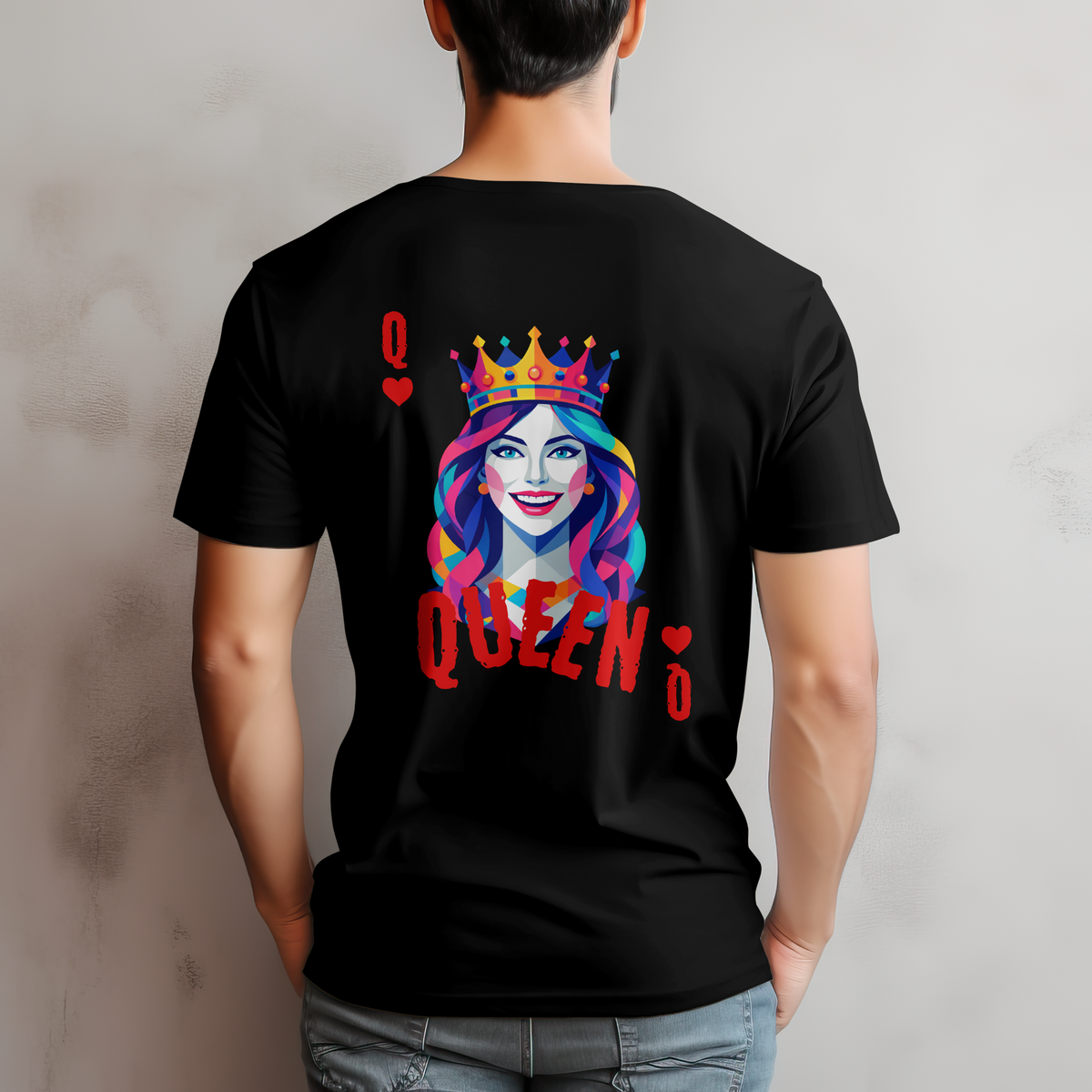 Back view of a streetwear t-shirt featuring a vibrant pop art Queen of Hearts wearing a colorful crown and Q suit details