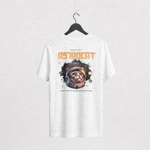 ack view of a white streetwear t-shirt featuring Hello I Am Astrocat astronaut cat helmet illustration with planets and stars
