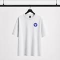 Front view of a premium cotton t-shirt with a blue circular NASA style cat paw badge printed on the chest
