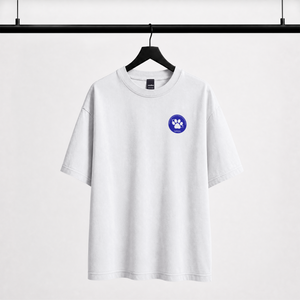 Front view of a premium cotton t-shirt with a blue circular NASA style cat paw badge printed on the chest