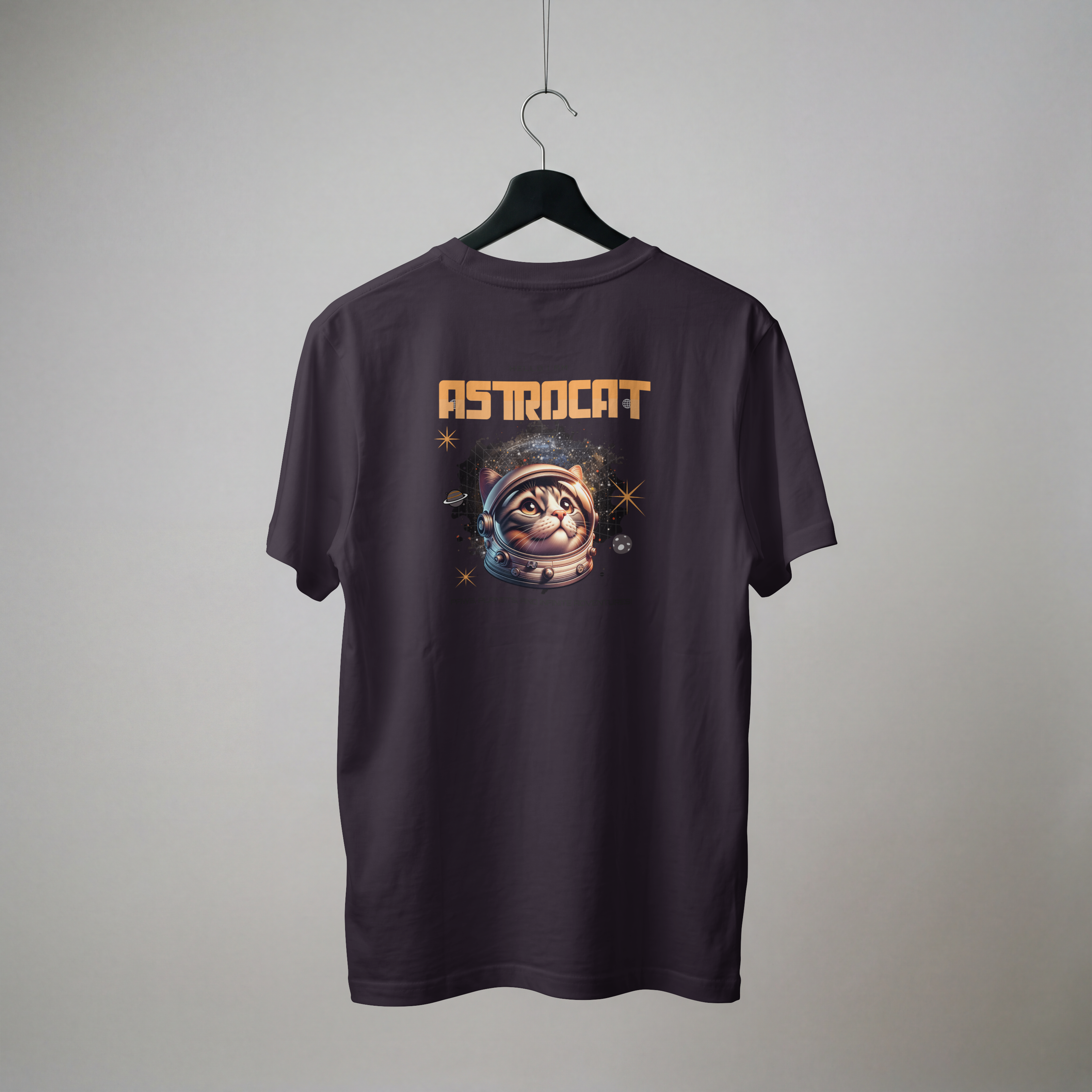 ack view of a charcoal grey t-shirt featuring Astrocat astronaut cat helmet in space graphic print