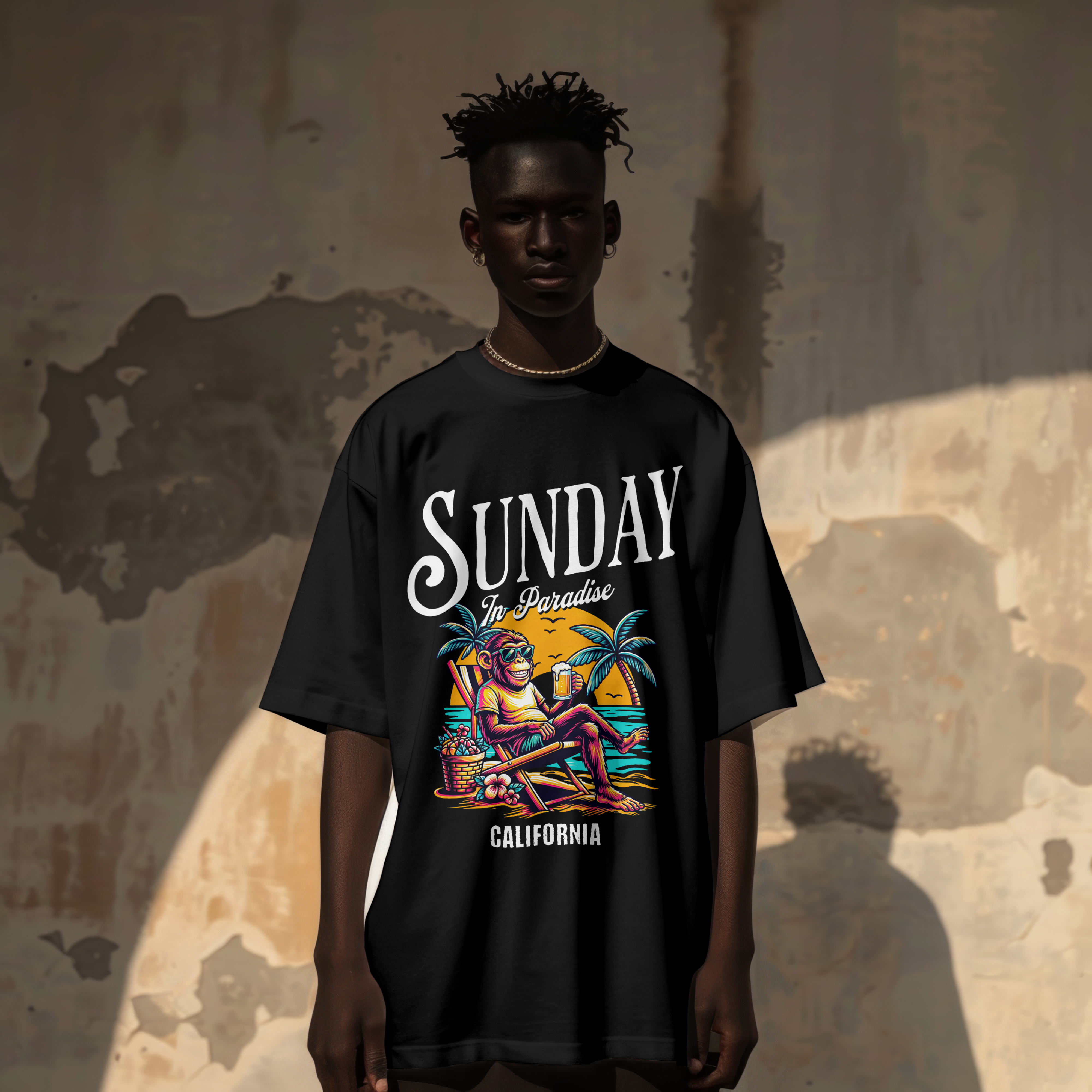 Model wearing a black premium cotton t-shirt with a vintage white Sunday in Paradise slogan and a colorful chilling beach monkey illustration