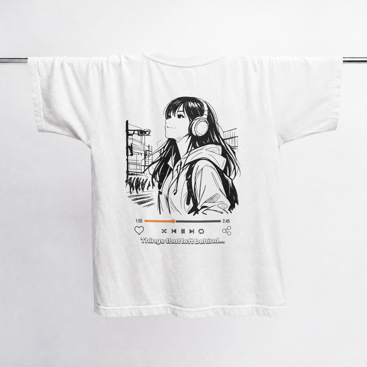 Back view of a white streetwear t-shirt with a manga anime girl wearing headphones and a music player interface print