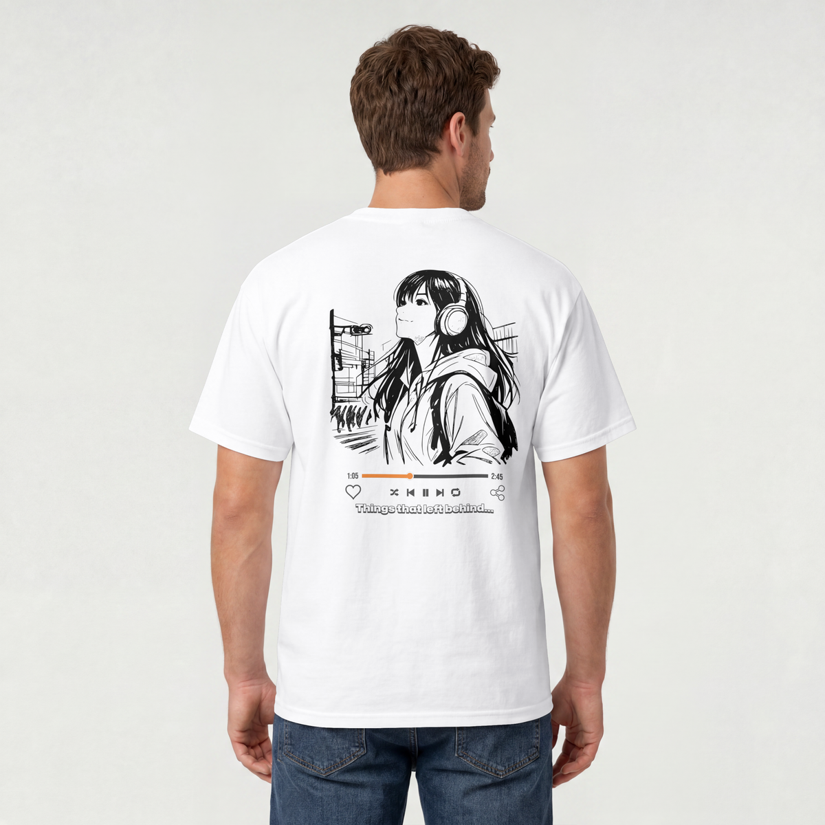 Back view of a white streetwear t-shirt with a manga anime girl wearing headphones and a music player interface print